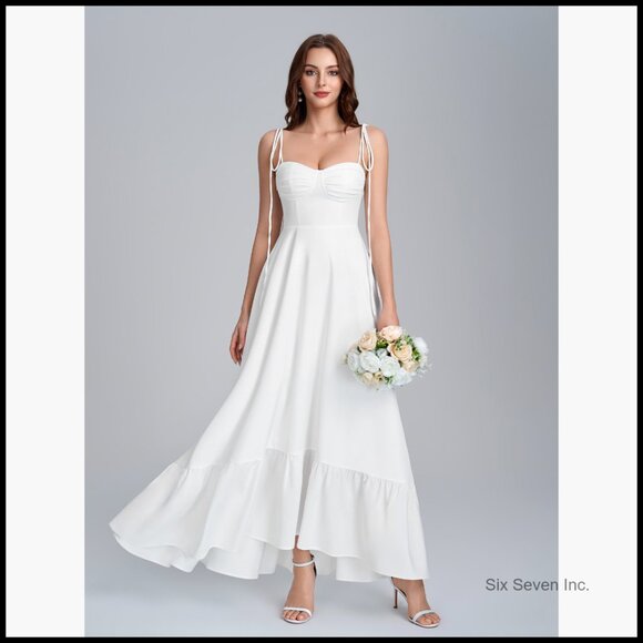 Spaghetti Strap Smocked Back Maxi Dress Flowy A-Line Ruffle Beach Wedding Guest - Picture 7 of 7